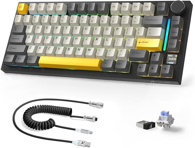 A.JAZZ Attack Shark X820Ultra 75% Wireless Mechanical Gaming Keyboard and Coiled Cable Hot Swappable 2.4GHz/Bluetooth/Wired Keyboard with Screen & Knob RGB Backlit Gasket Mount Shark Switch-Starblack