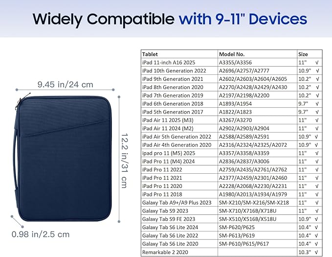 TiMOVO 9-11" Tablet Sleeve Bag for iPad 11-inch A16 2025, iPad 10.9"/10.2"| Air 11 Inch/5th/4th Gen. 10.9", Galaxy Tab A9+/A11Plus 11", Protective Bag with Pockets, Indigo