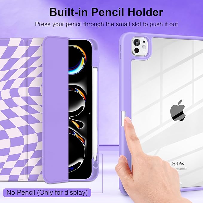 TWOLSKOO Case for iPad Pro 11-inch (M5 2025 / M4 2024), Clear Acrylic Back with TPU Bumper, Pencil Holder, Trifold Stand, Auto Sleep/Wake, Purple Wavy Checker