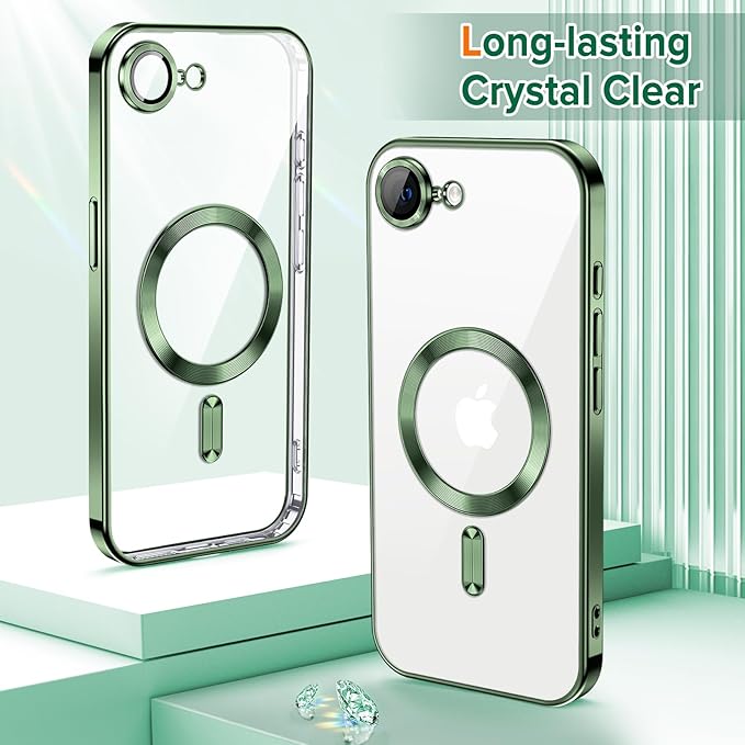 Hython Magnetic Clear for iPhone 17e Case with Camera Lens Protector [Compatible with MagSafe] Luxury Plating Edge Slim Soft TPU Cover Protective Phone Case for iPhone 17e 6.1", Deep Green