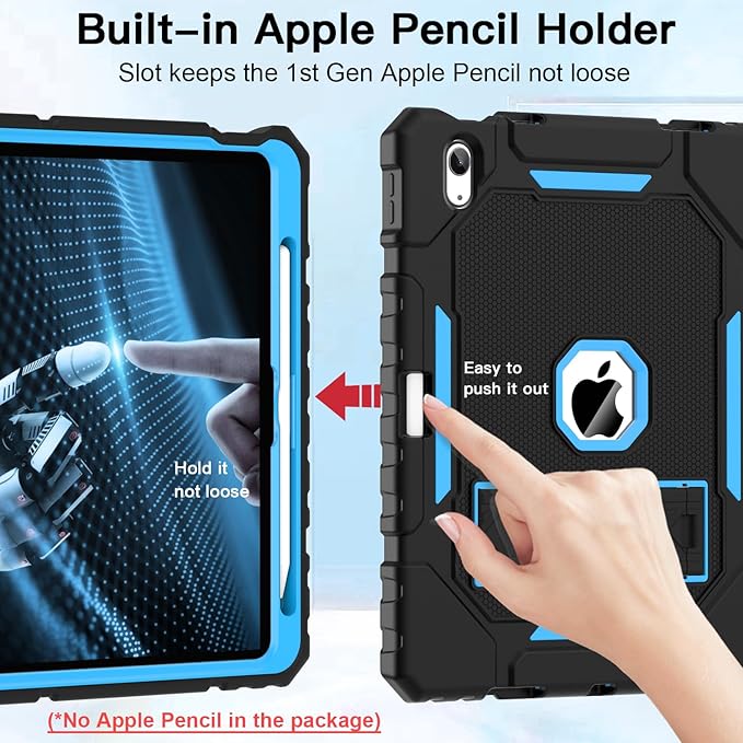 ZoneFoker Case for iPad (A16) 11th/10th Generation 11/10.9 inch 2025/2022, Heavy Duty Military Grade Shockproof Rugged Cover with Pencil Holder/Stand for i Pad 11th / 10 th Gen (Black+SkyBlue)