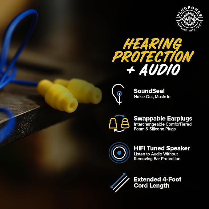 Plugfones Guardian Earplug Headphones - OSHA Approved Noise Isolating in-Ear Earbuds with Hearing Protection - Wired Hybrid for Work and Travel - Includes Silicone and Foam Earplugs - Blue & Yellow