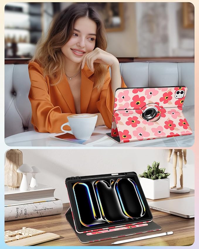 Kidcube for iPad Pro 13 Inch Case M4 2024 - Women Girls Cute Rotating Stand Folio Cover with Pencil Holder & Card Slot Kawaii Floral Flower Design for iPad Pro 13 Inch Case 2024 (A2925 A2926 A3007)