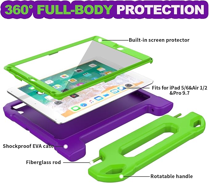 YIHE Kids Case for iPad 9.7 Inch with Screen Protector, Shockproof Handle Convertible Stand Case for iPad 9.7 6th/5th Generation 2018/2017, iPad Air 2/1& iPad Pro 9.7, Purple&Green