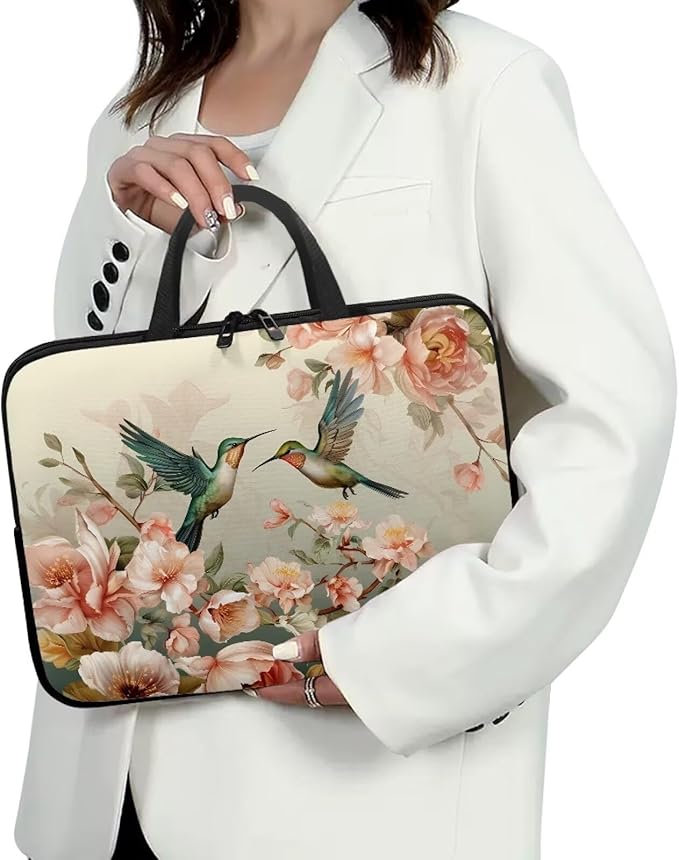 Hummingbird Laptop Sleeve for Women, Protective Computer Cover Case with Handle Briefcase Carrying Bag Compatible 17 Inch Notebook, Chromebook Computer, Vintage Floral