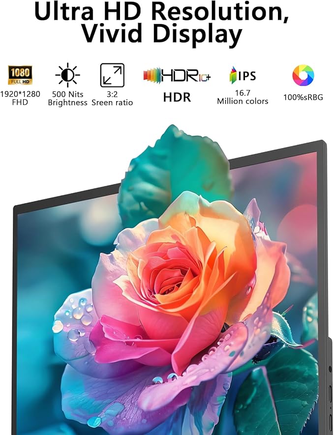 Topmonitor Small Portable Monitor 10.5" 500 Nits 2000:1 FHD 1280P IPS Screen, Ultra-Slim Mini Monitor w/Kickstand & Dual Speaker, USB C HDMI HDR Portable Gaming Monitor, Travel Monitors for Laptop PCs