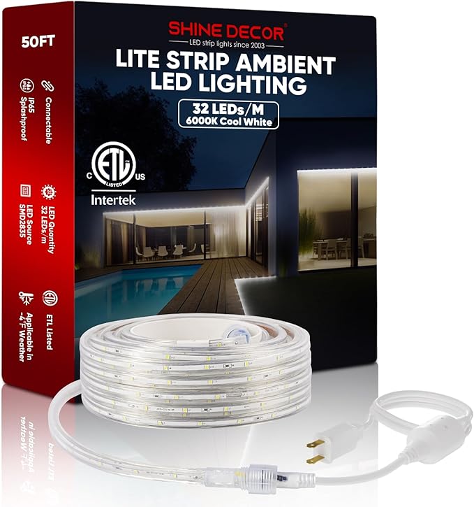 Shine Decor LED Strip Lights 36w Low Consumption, Cold Resistant IP65 Waterproof Outdoor Rope Light 120 VAC, Cuttable Connectable Indoor Lite Lighting Strip 50 FT ETL Listed 7x10mm 6000K Cool White