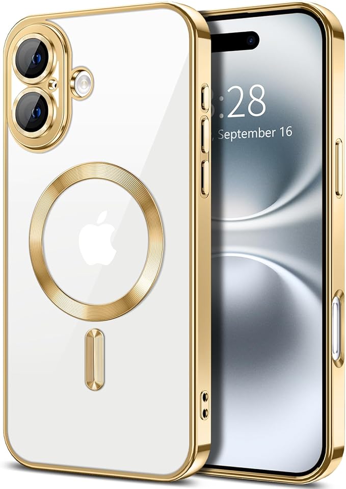 Hython Magnetic Clear for iPhone 16 Plus Case with Camera Lens Protector [Compatible with MagSafe] Luxury Plating Edge Slim Soft TPU Cover Protective Phone Case for iPhone 16 Plus 6.7", Gold