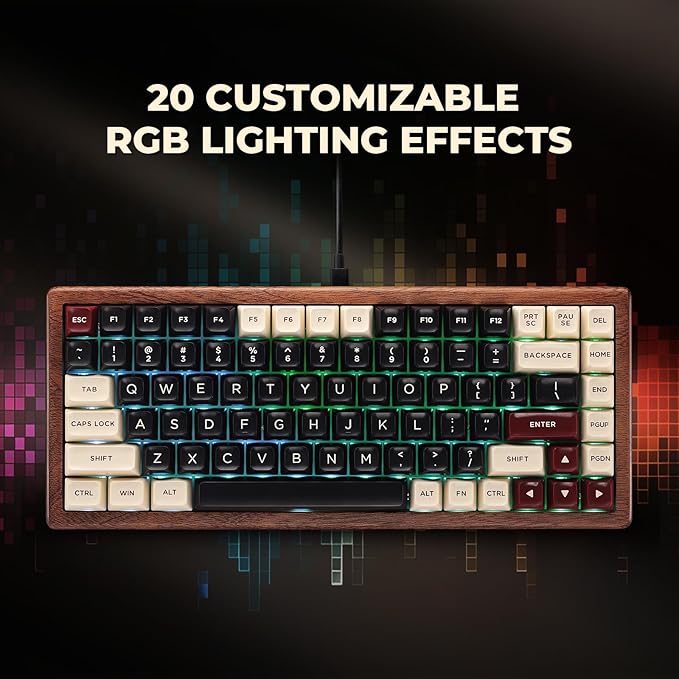 GLENCREAG WK84 USB-C Wired Wooden Mechanical Keyboard, 75% Layout 84 Keys, RGB Backlit, Hot-Swappable Green Switches, QMK/VIA Programmable, for Gaming & Typing