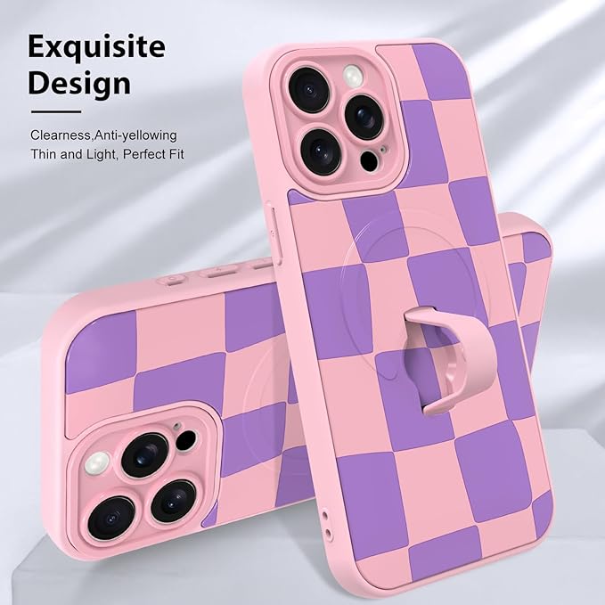 KANGHAR Compatible with iPhone 15 Pro Max Case, Support for MagSafe, Silicone Checkered Cute Pattern, Wristband Kickstand Camera Protection Soft Slim Cover for Girls Women -Pink