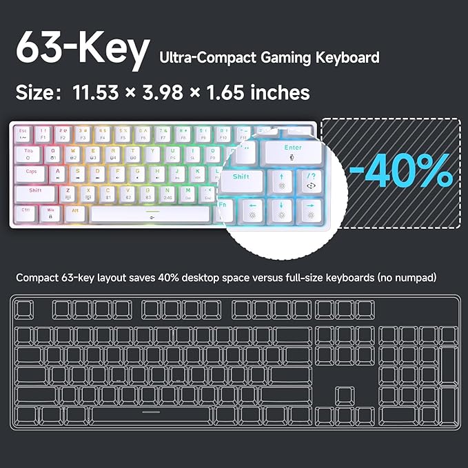 DIERYA DK63 60% Wireless Mechanical Gaming Keyboard | Bluetooth/2.4G/Wired Keyboard | RGB Backlit Compact 63 Keys Mini Office Keyboard | with Red Switch | for Windows Laptop PC Gamer Typist-White