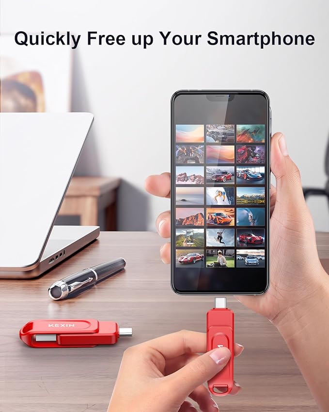 KEXIN USB C Flash Drive 512GB Thumb Drive 100MB/s Swivel Dual USB Drive 3.0 USB-A & Type-C Memory Stick for Smartphone Tablet iPhone 15/16 Car Game Console, 512GB Red