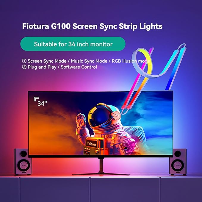 Monitor LED Backlights for PC & Mac, LED Strip Lights that Sync with Screen Color or Music, Computer Light Bar Behind Monitor, LEDs for Desk Gaming, USB Interface, Software Control (34 in)