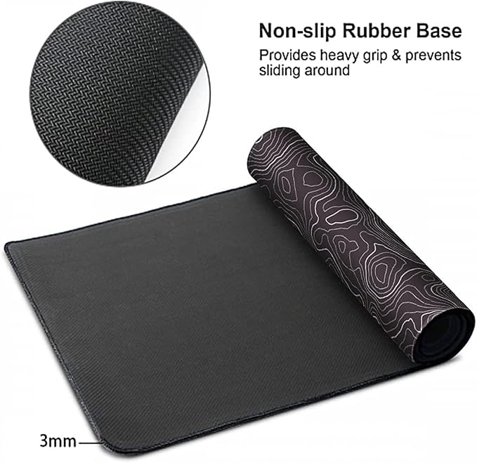 AQQA Topographic Gaming Mouse Pad XL - (31.5 x 11.8 in) Large Black and White Desk Mat, Extended Contour Line Mousepad with Non-Slip Rubber Base, Waterproof Stitched Edges for Office & Home