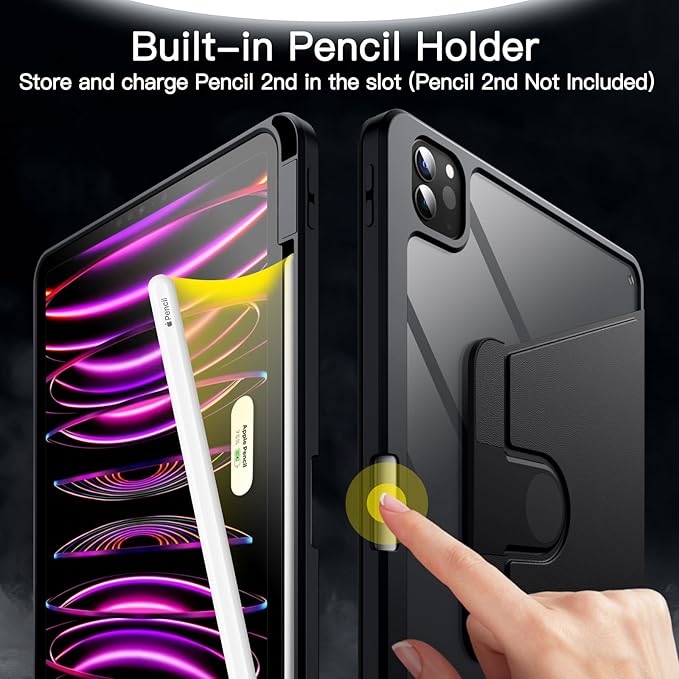 JETech Rotating Case for iPad Pro 11-Inch 2022/2021(4th/3rd gen) with Pencil Holder, 360 Degree Rotation Protective Stand Cover Clear Back, Auto Wake/Sleep (Black)