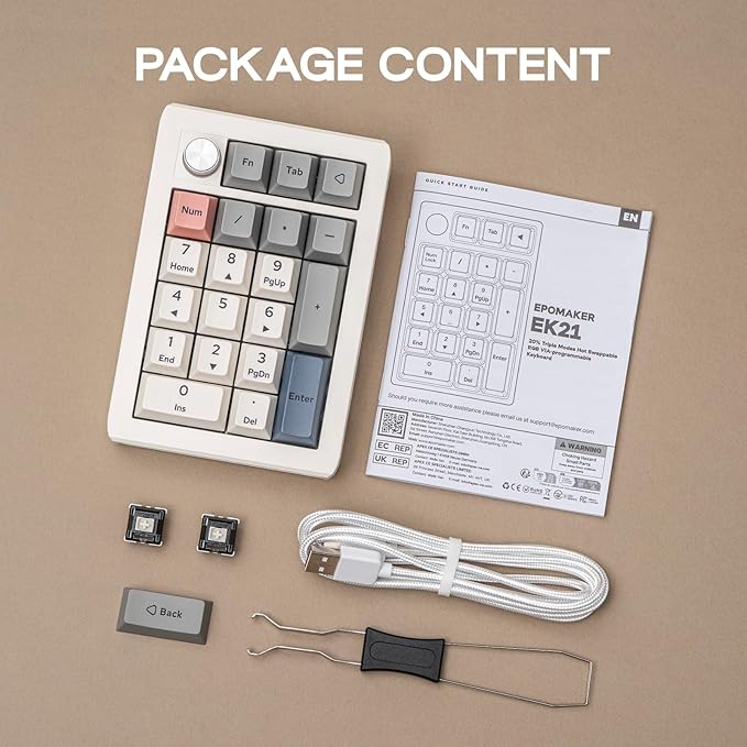 EPOMAKER EK21 VIA Gasket Number Pad with 1000mAh Battery, BT 5.0/2.4GHz/Wired Hot-Swap Numpad with Aluminum Alloy knob, Programmable for Win/Mac/Gaming (Retro White, Zebra Switch)