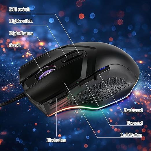 LEWENTECH Gaming Mouse 6 Adjustable DPI Up to 7200 Wired PC Gaming Mouse 8 Programmable Buttons 13 Adjustable RGB LED Modes 1.5 M Drag-Free Paracord Ergonomic Mouse Windows/PC/Mac/Laptop (Black)