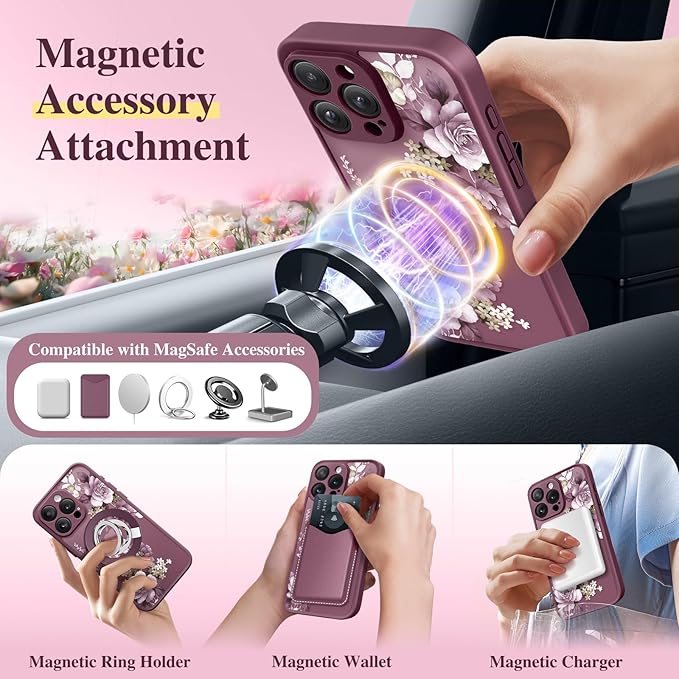 GVIEWIN for iPhone 15 Pro Case Compatible with MagSafe, [Military Grade Protection] [Screen Protector] Full Camera Protection Floral Translucent Women Magnetic Phone Case, Cherry Blossoms/Burgundy