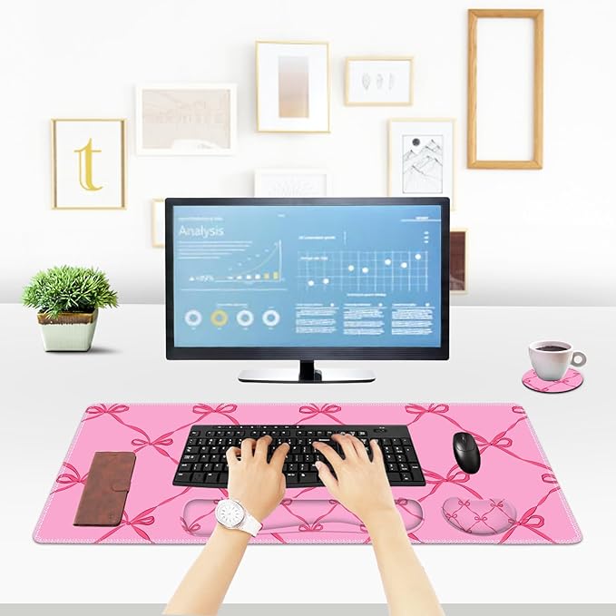 ToLuLu Large Mouse Pad Desk Pad Set, Wrist Rest Support Desk Mat for Keyboard Mouse, 4PCS 35.4”x15.7 XXL Giant Mouse Pad, Non-Slip Base Stitched Edges Mousepad Office Desk Decor, Hot Pink Bow