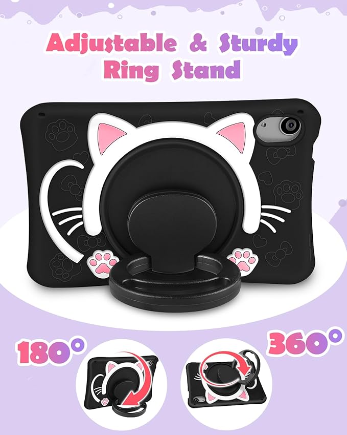 Wazzasoft for iPad mini 7 A17 Pro 2024, for iPad mini 6 Case 8.3 Inch Girls Cute Black Cat Cover Girly Kawaii Women with Rotating Stand & Strap Soft Silicone Funda for iPad mini 7th/6th Gen Cases