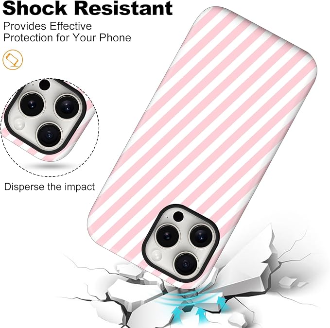 Magnetic for iPhone 15 Pro Case Cute Diagonal Stripes Phone Case, Shockproof Slim TPU and Hard PC Protective Phone Cover Compatible with MagSafe Designed for Women Girls,Pink