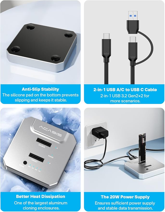 ACASIS 20Gbps M.2 NVMe SSD Cloner & Docking Station, Dual-Bay Offline Duplicator with Aluminum Heat Dissipation Enclosure, Tool-Free USB Adapter for M Key PCIe NVMe SSD Reader