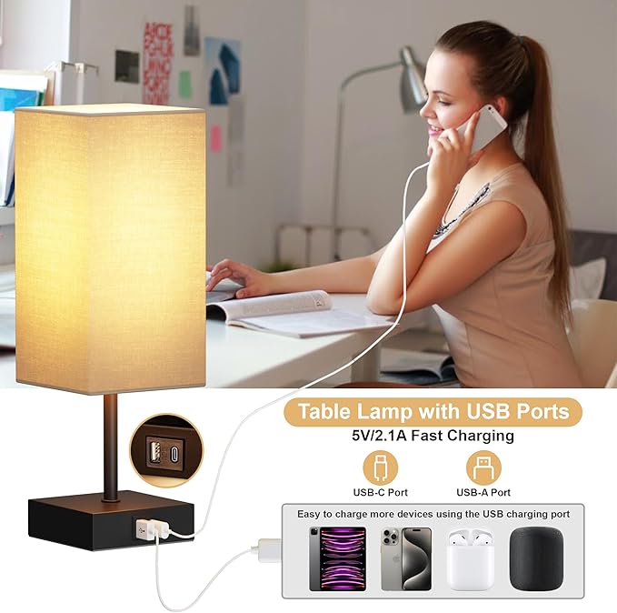 Touch Bedside Lamp for Bedroom Set of 2, 3 Way Dimmable Table Lamp with USB C+A Charging Ports, Small Nightand Lamps for Bedroom Decor, Living Room, Home, LED Bulbs Included, Upgraded Beige