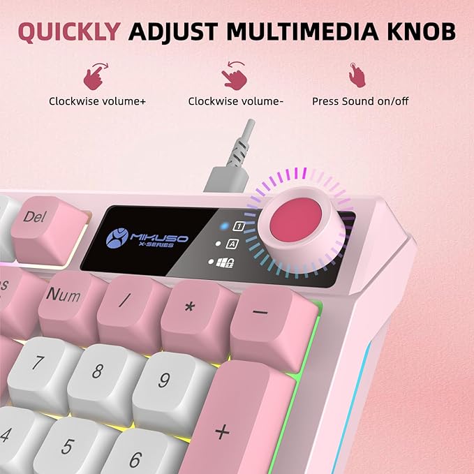98-Key Wired Keyboard, RGB Backlit Gaming Keyboard with Volume Knob & Side Light Bar, 8 Lighting Modes & 7 Color Changes, Plug and Play USB Keyboard for PC/Mac,Laptop Pink