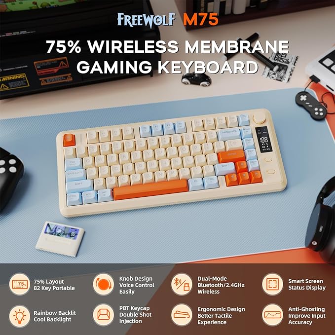 FREEWOLF M75 Wireless Mechanical Feel Gaming Keyboard Bluetooth/2.4Ghz Membrane with Knob & OLED Display Rainbow Backlit Gradient PBT Keycaps 2000mAH Battery Anti-Ghosting-Blueberry