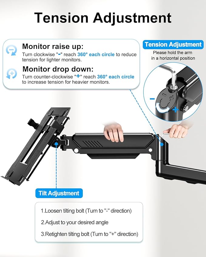 Laptop Wall Mount, 2-in-1 Monitor Wall Mount with Vented Tray fits Max 17" Notebook or 13-32" Computer Screen, Adjustable Laptop Arm Holds 4.4-22lbs, Gas Spring Laptop Holder Stand