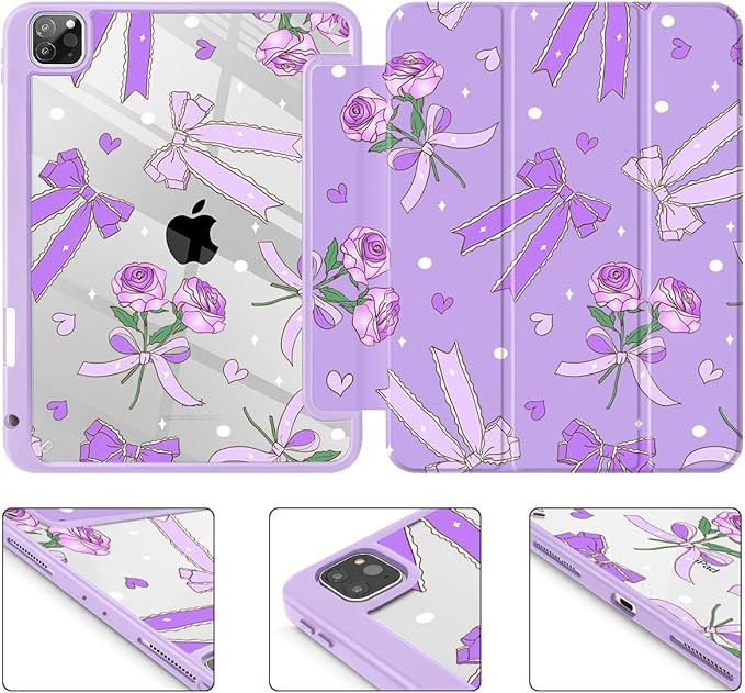 Tuiklol for iPad Pro 11 Inch 4th / 3rd / 2nd / 1st Gen (2022 2021 2020 2018) Case -Built-in Pencil Holder Shockproof Cover Clear Transparent Back Shell with Auto Wake/Sleep, Bow & Rose Purple