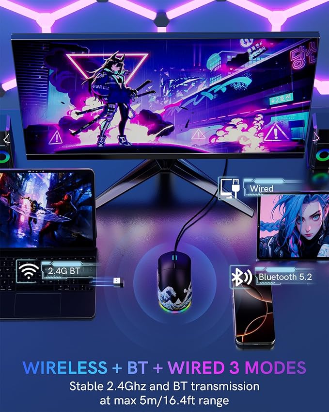 G57 Wireless Gaming Mouse, 8000 DPI, 80g, 2.4G/Bluetooth/USB-C Rechargeable Wireless Mouse with 5 Programmable Buttons for PC/Mac, Black