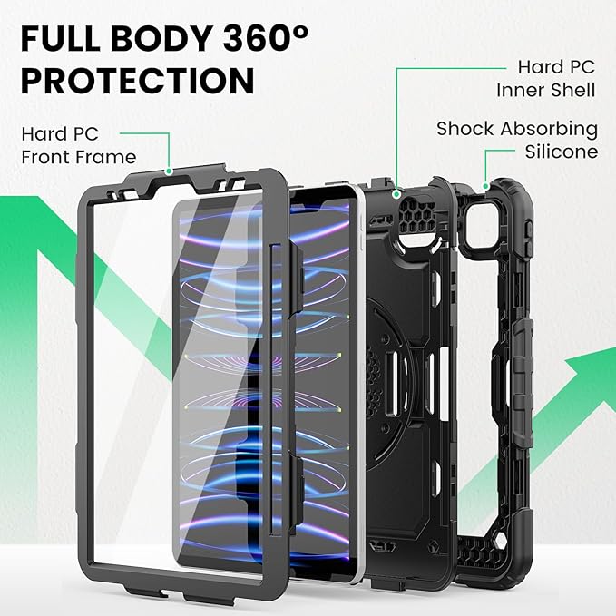 SEYMAC Case for iPad Pro 11 Case 4th/ 3rd/ 2nd/ 1st Gen (2022/2021/2020/2018), Full-Body Shockproof Protective Case with Screen Protector, 360° Rotating Stand and Hand/Shoulder Strap, Black