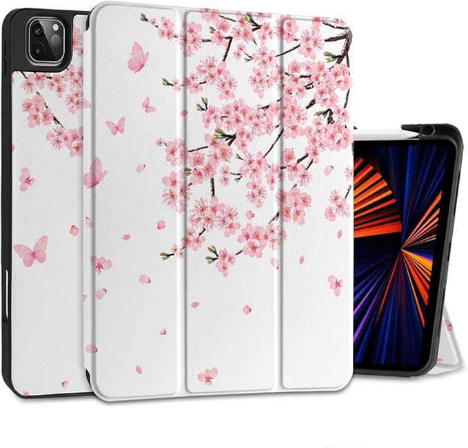 MEEgoodo Case for iPad Pro 12.9 Case M2 6th/5th/4th/3rd Generation 2022 2021 2020 2018, Protective Tablet Cover with Soft Back Shell for Kids, Cherry Blossoms