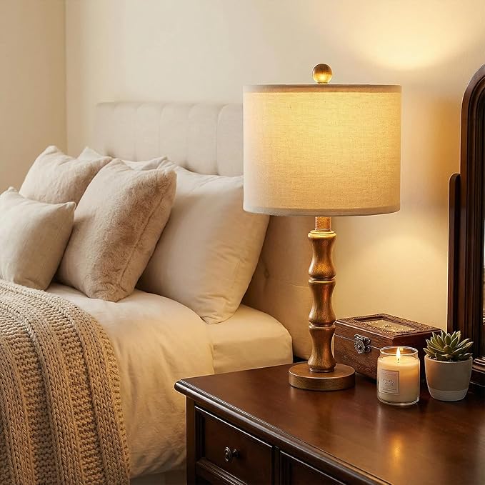BOBOMOMO 20.5" Vintage Nightstand Lamps Set of 2, Farmhouse Table Lamps with Antique Gold Resin Base & Linen Shade, Small Bedside Lamp for Bedroom, Living Room, Office & Elegant Home Décor