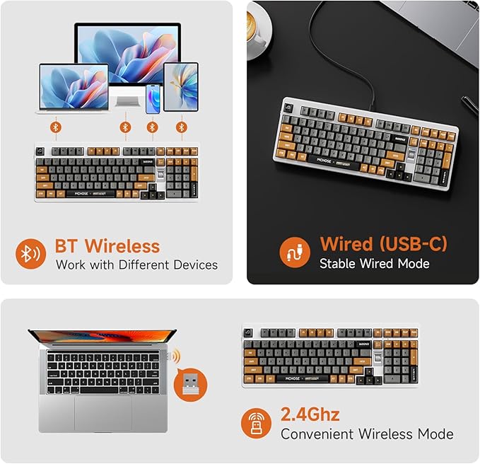 MCHOSE UT98 Wireless Mechanical Keyboard Compact Gaming Keyboard with Knob Tri-Mode Connection Hot Swappable Custom Creamy Keyboard Gasket Structure Pre-lubed Linear Switches RGB Retro