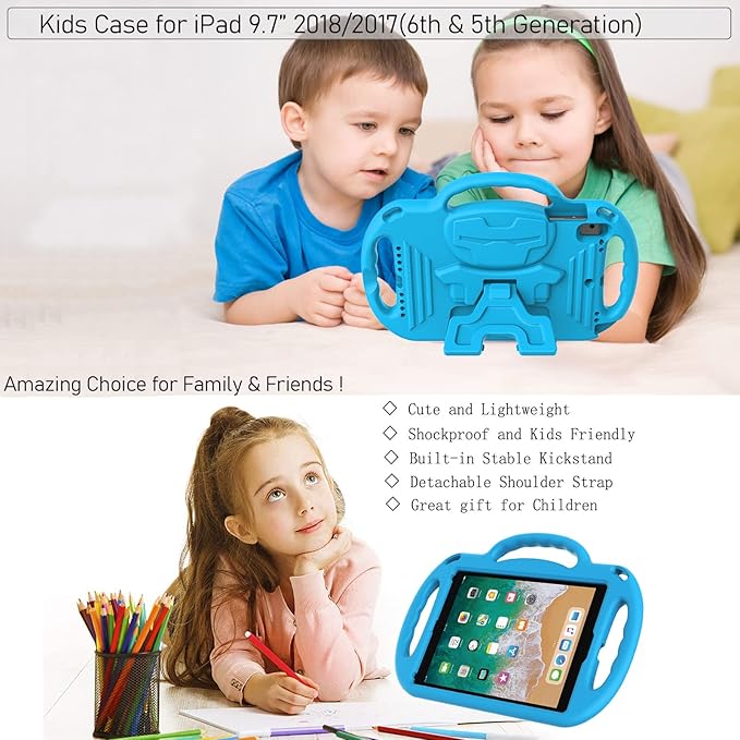 LTROP Kids Case for iPad 5th/6th Generation (9.7 Inch, 2017/2018), Air 1 & Air 2 & Pro 9.7" Case with Shoulder Strap Handle Stand, Blue