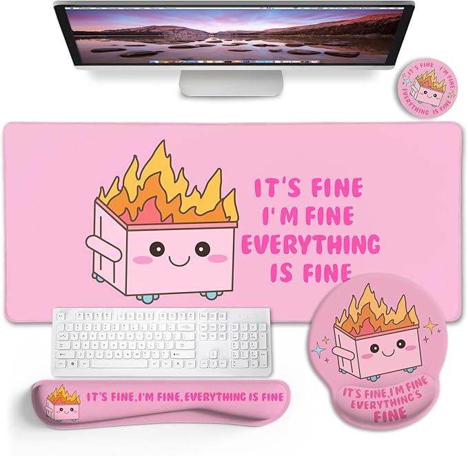 Blusabaca Dumpster on Fire Mouse Pad Desk Pad, Funny Cute Desk Mat Large Gaming Mouse Pad with Wrist Rest, Keyboard Pad Wrist Rest Ergonomic, Cup Coaster, Work Home Desk Accessories Office Supplies