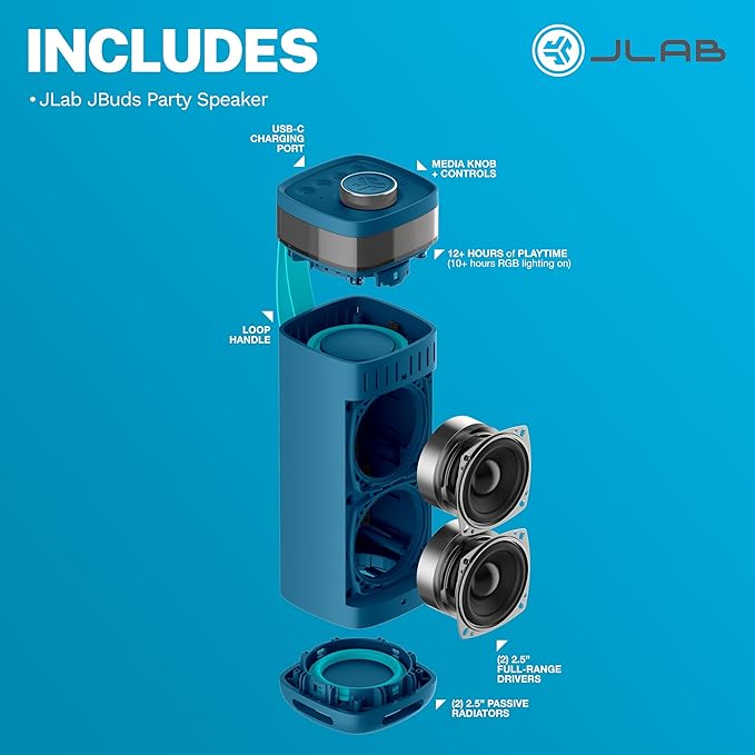JLab, JBuds Party, Portable Bluetooth Speaker, Waterproof, Multi-Speaker Connection, RGB Lighting, Navy
