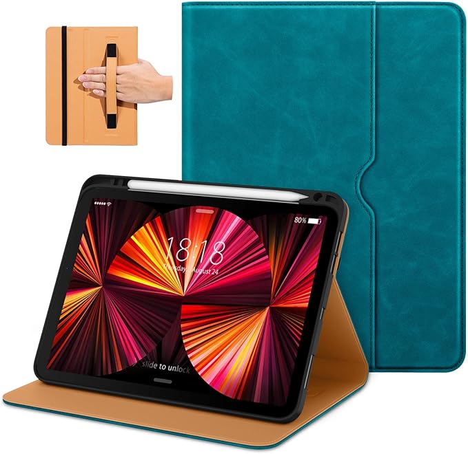 DTTO Case for iPad Pro 11 Inch 4th / 3rd / 2nd / 1st Generation 2022/2021/2020/2018,Premium PU Leather Folio Stand Cover with Hand Strap, Auto Wake/Sleep,Multiple Viewing Angles, Light Blue