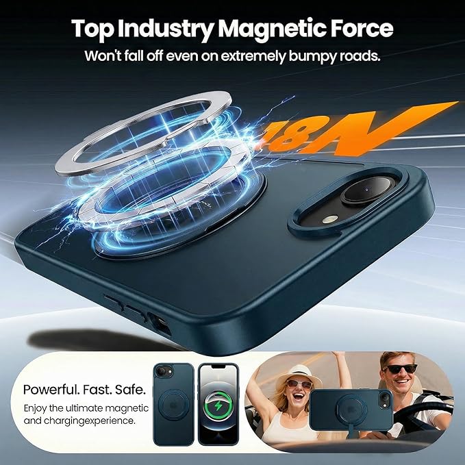 360°Ring Stand for iPhone 16E/17E Case with 2X Screen Protector,Fit for MagSafe, Anti-Yellowing & Scratch-Resistant Back Phone Case for iPhone 16E/17E 6.1", Blue