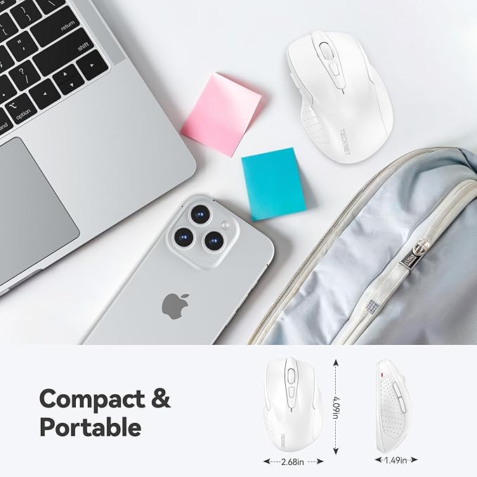 TECKNET Wireless Mouse, 2.4G Ergonomic Optical Mouse, Computer Mouse for Laptop, PC, Computer, Chromebook, Notebook, 6 Buttons, 24 Months Battery Life, 2600 DPI, 5 Adjustment Levels - White