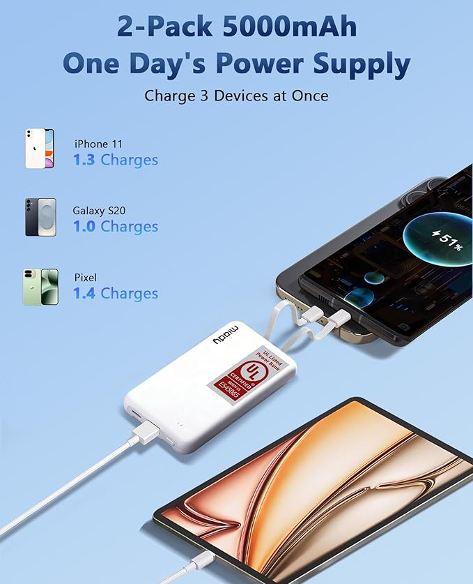 Miady 2-Pack UL Listed Small Portable Charger, 5000mAh Slim Power Bank Built-in 2 Cables Compatible with iPhone 17/16/15/14/13 Galaxy S24/S22 etc (2 White)