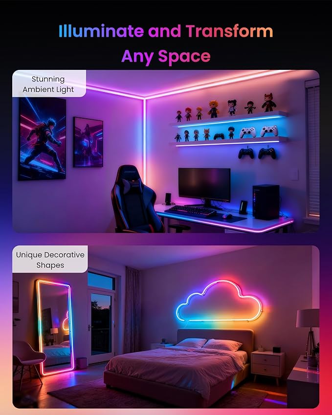 SwitchBot RGBIC Neon Rope Light, 5M Matter-Certified Neon Strip Lights Works with Apple Home, Alexa and Google Home, 16 Million Colors, Music Sync, Scene Modes, LED Neon Lights for Bedroom, Wall Decor