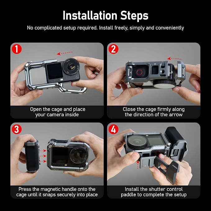 CYNOVA Aluminum Street Grip Kit for DJI Osmo Action 6 Accessories, Metal Protective Cage Frame with Photography Grip, Silicone-Coated Handle, Wrist Strap for DJI Osmo Action 6 Camera