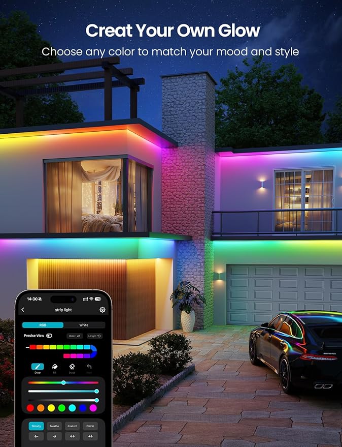 Lepro SW1 AI Smart Outdoor LED Strip Lights - 98.4ft IP65 Waterproof RGBCW Light Strips, 2700K-5700K Tunable Warm White, APP Control(No Remote), 2.4G Wi-Fi Lights for Holiday Decor, House, Porch, Eave