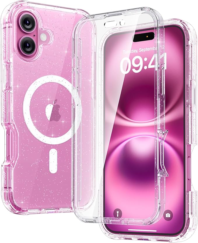 Diaclara Magnetic Designed for iPhone 16 Case, Compatible with MagSafe Built-in Touch Sensitive Anti-Scratch Screen Protector, Upgraded [Full Camera Protection] for iPhone 16 6.1" (Clear Glitter)