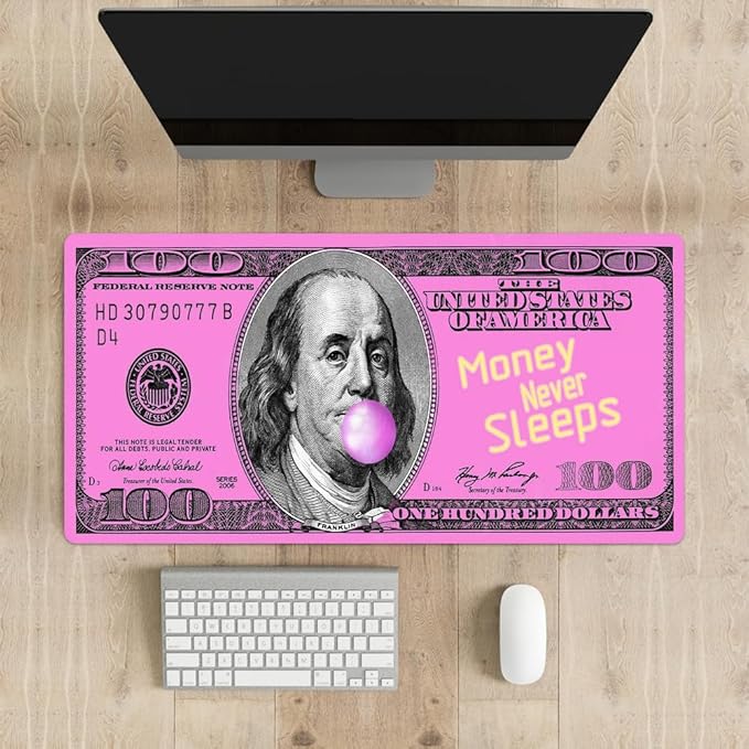 Pink 100 Dollar Bills Money Gaming Mouse Pad Hundreds of US Dollar Currency Non-Slip Rubber Mouse Pad for Computers, Laptop,Office, Home Rectangle Personalized Mousepad 31.5" x15.7"