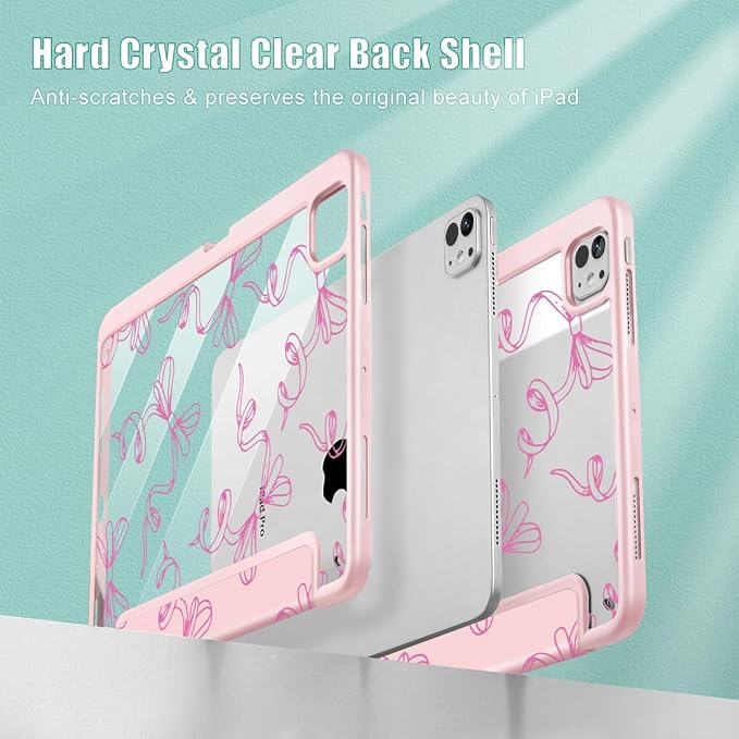 May Chen for iPad Pro 13 Inch Case M5 2025 / M4 2024, Built Pencil Holder & Clear Transparent Print Back Shell Slim Stand Shockproof Tablet Cover, Auto Wake/Sleep, Pink Bows P565