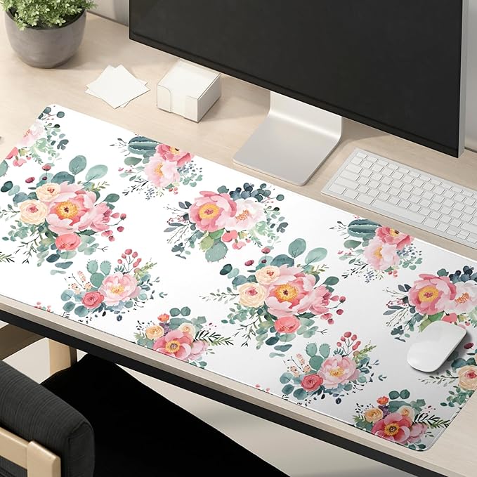 Pink Floral Mouse Pad Large Watercolor Pink Floral Mouse Pad Extended Non-Slip Mousepad with Stitched Edges 35.4x15.7 Inch Non-Slip Rubber Base Desktop Protectors Mats for Home Office Accessories